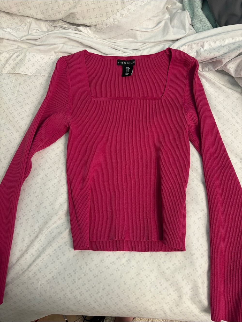 Sincerely Jules Fuchsia Ribbed Square Neck Long Sleeve Top